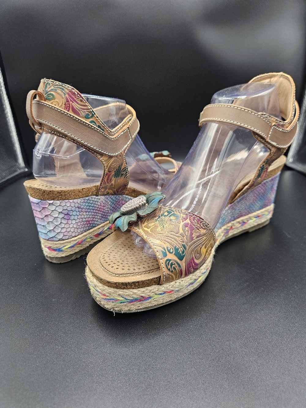 Spring Step L’Artiste Annmarie Floral Wedge Sandals Leather Boho Platform Sz 10